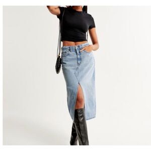 High Rise Denim Midi Jean Skirt Front Slit Abercrombie & Fitch Size 33/16